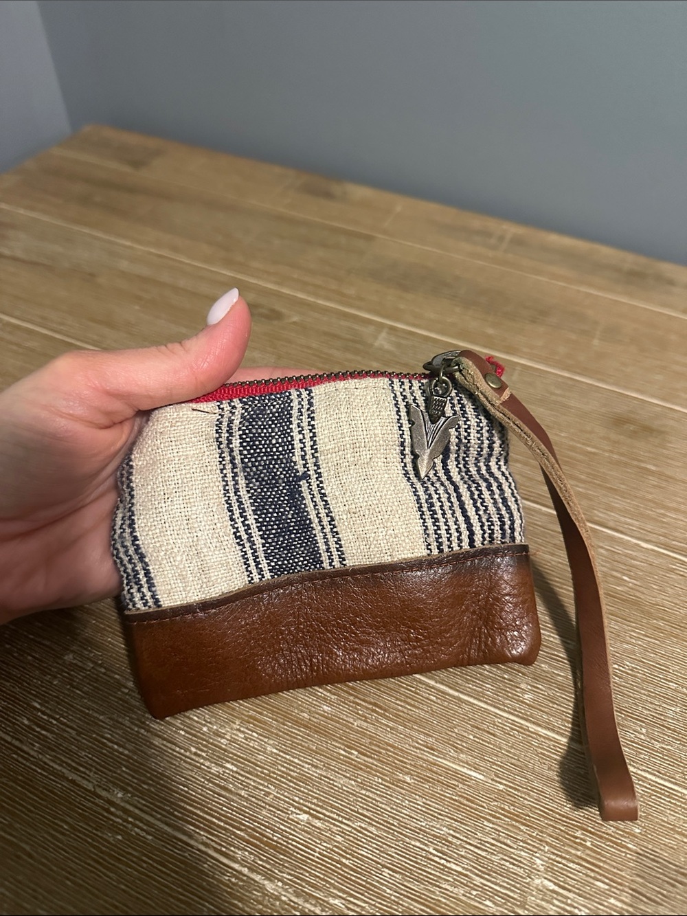 Vaalbara Designs Striped Canvas Wristlet Pouch with Leather Trim